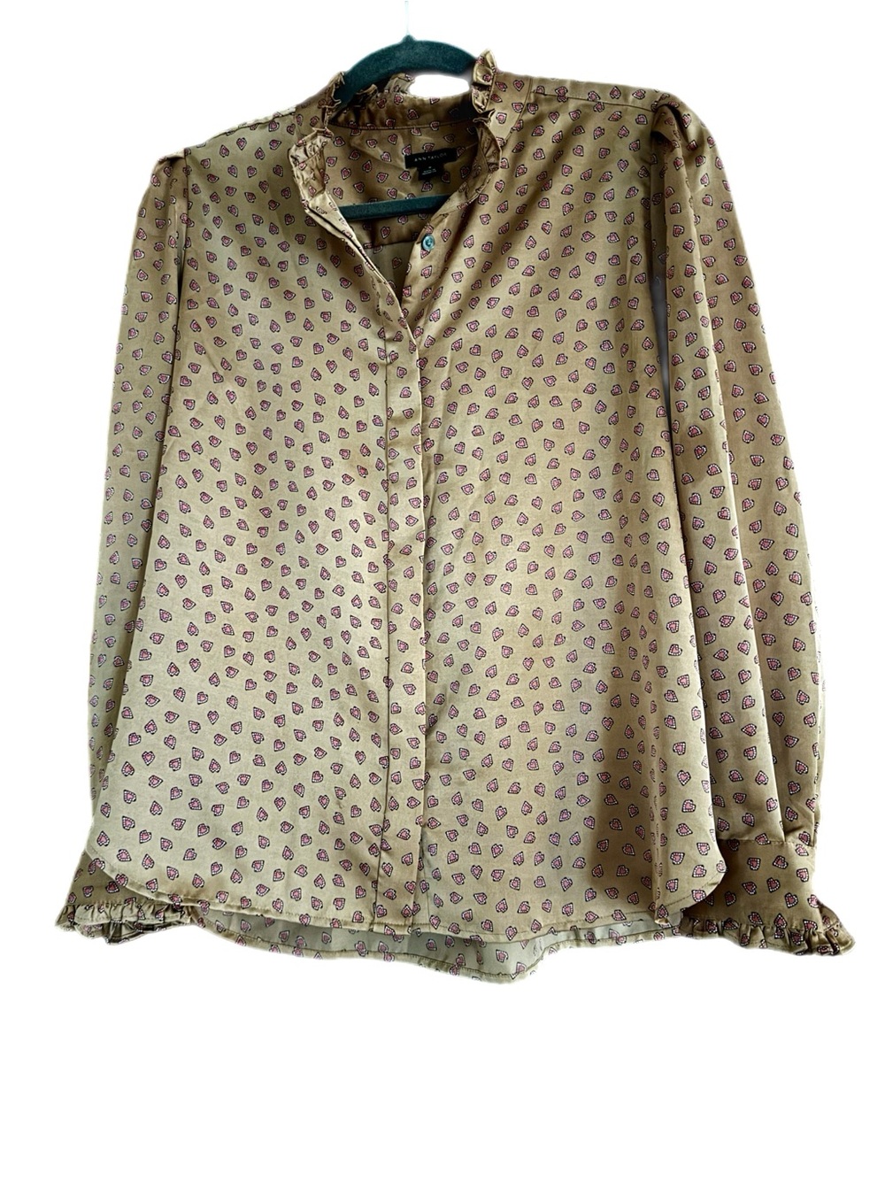 Ann Taylor Brown Pink Heart Ruffle Collar Long Sleeve Button Down Blouse size M